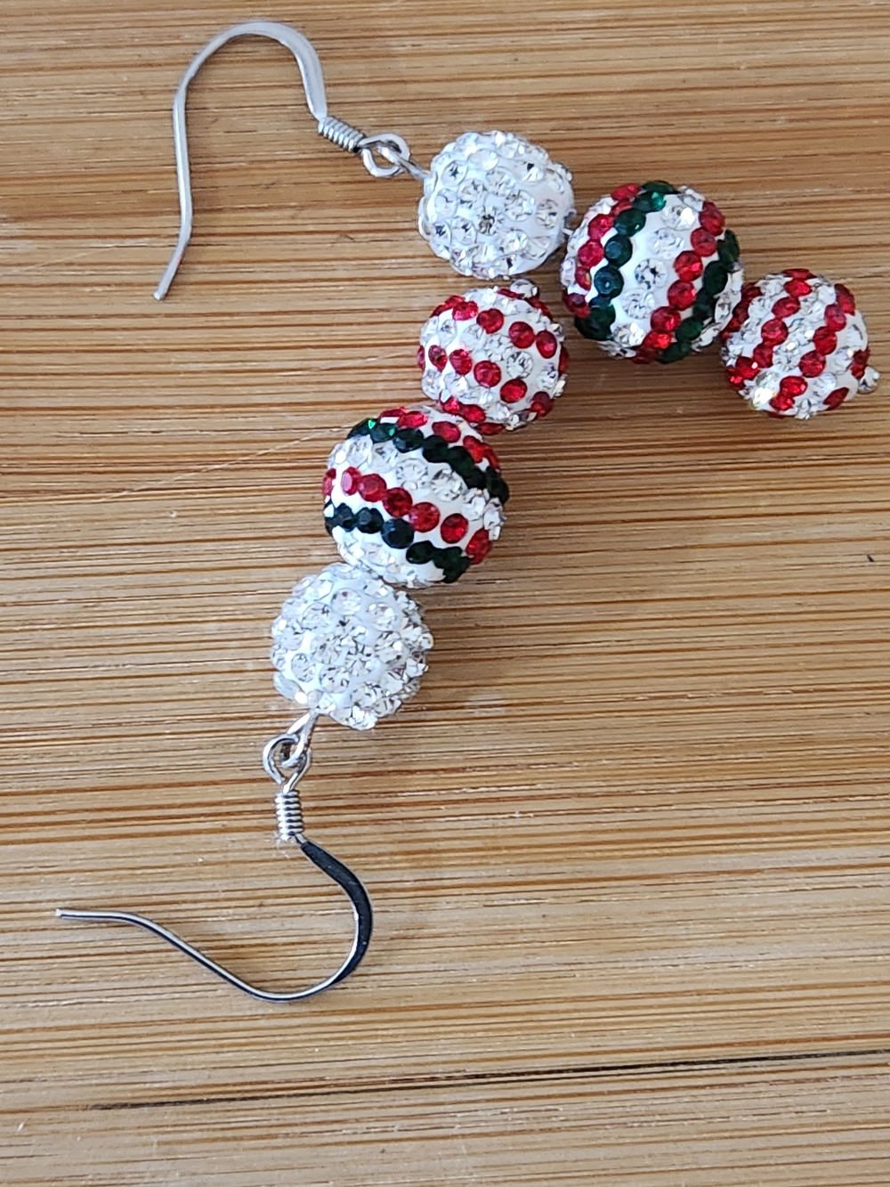 Hand Crafted Red Green White Rhinestone Bead Dangle Earrings